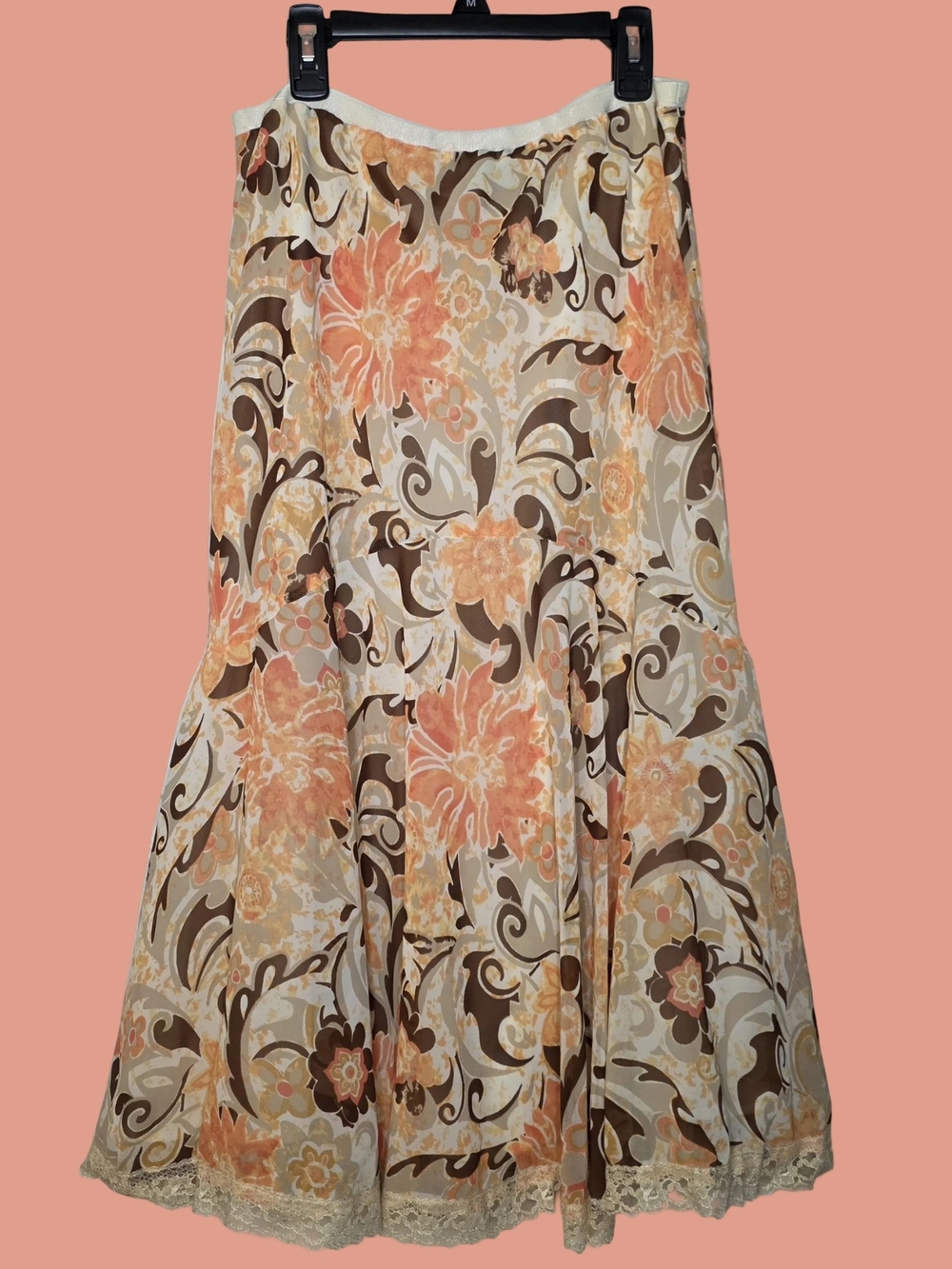 Y2K Nicole Miller Orange & White Paisley Floral Lace Trim Skirt